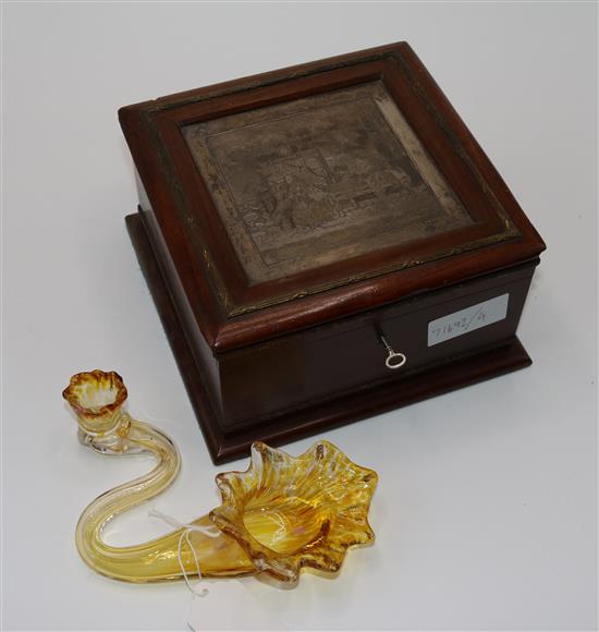 French silver? mounted box containing a glass candle holder(-)